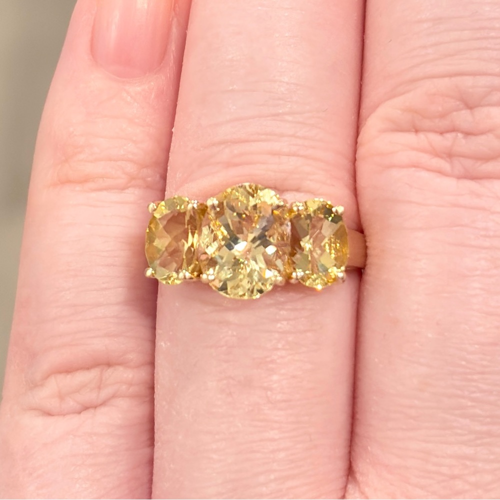 14K Golden Yellow Scapolite Ring Three Stone Oval Rose Cut 6.25 Clyde Duneier - Picture 7 of 16